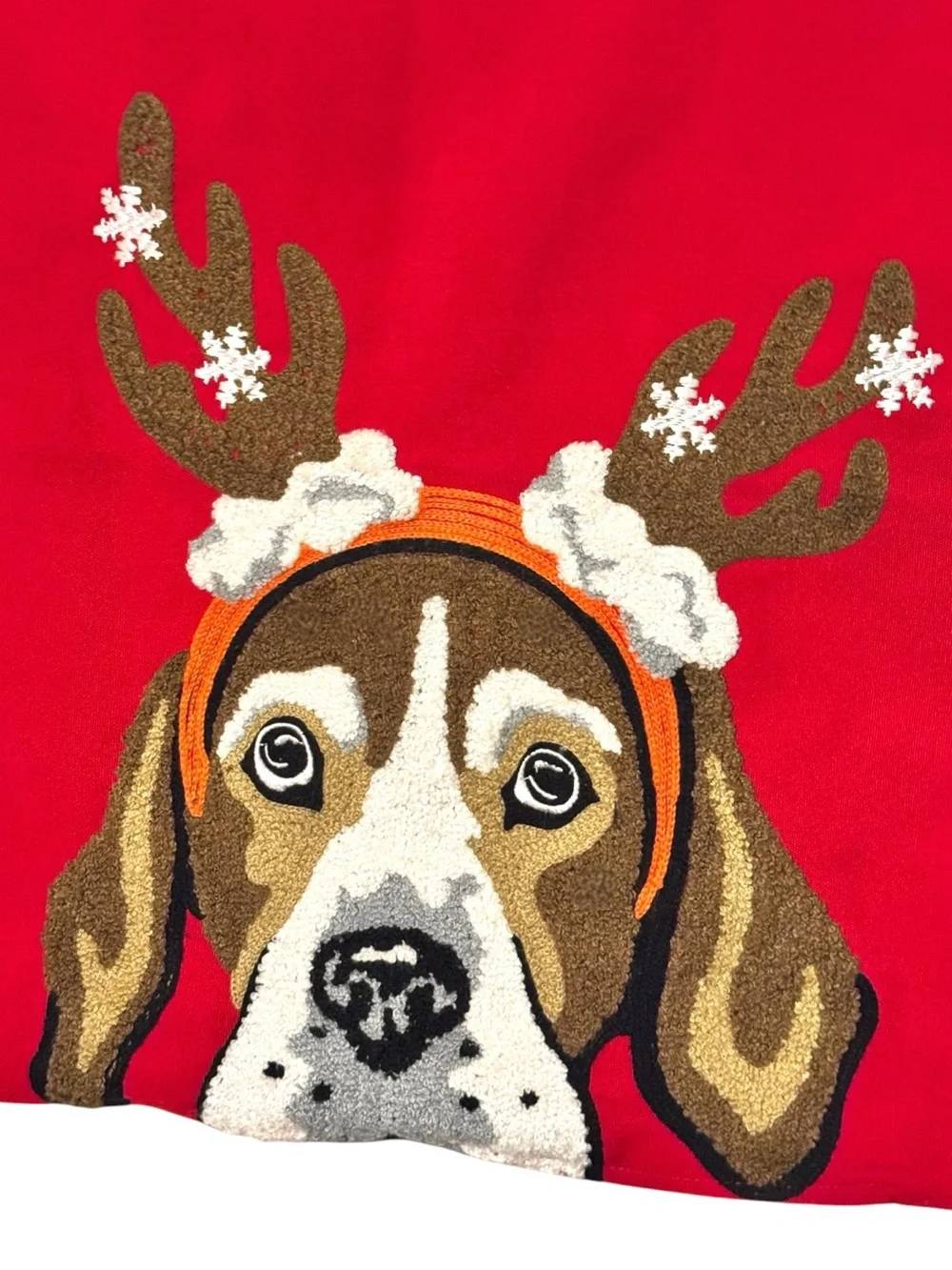 Ashler Home 3-D Red Holiday Embroidered Beagle Hound Reindeer Ears Pillow Cover